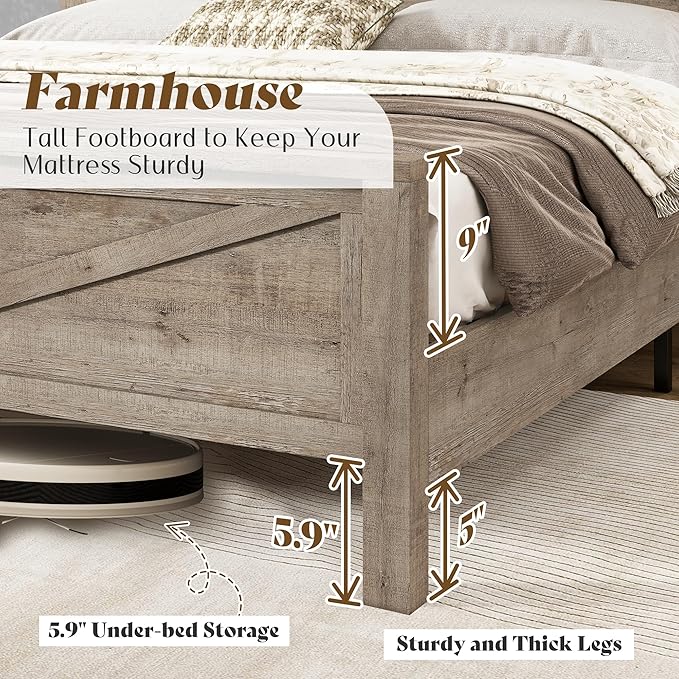 AMERLIFE Farmhouse Full Bed Frame with Storage Headboard & Charging Station, Rustic Wood Platform Bed with Barn Door Bookcase, No Box Spring Needed, Light Grey Bedroom Furniture