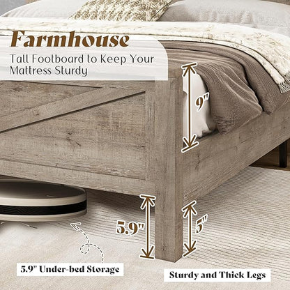 AMERLIFE Farmhouse Full Bed Frame with Storage Headboard & Charging Station, Rustic Wood Platform Bed with Barn Door Bookcase, No Box Spring Needed, Light Grey Bedroom Furniture