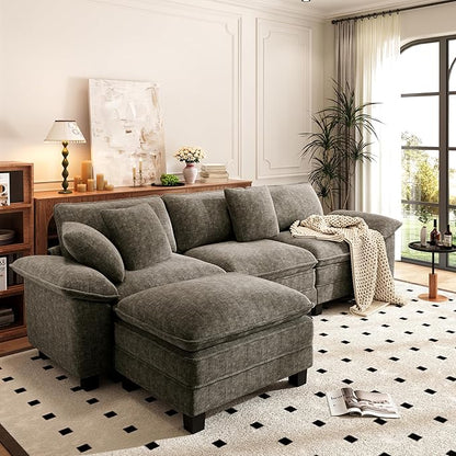 PHI VILLA Cloud Modular Couch Sets, 123.6" Sectional Sofa with L-Shaped Chaise, 4-Seater Upholstered Couches with Movable Ottoman for Living Room, Chenille Fabric, Smoky Grey