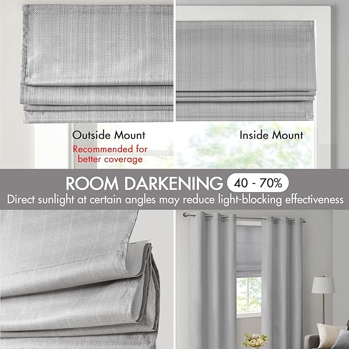 Madison Park Galen Cordless Roman Shade, 27"W x 64"H, Sheen Grey – Room Darkening, Thermal Insulated, Energy Efficient Window Blind with Subtle Sheen Basketweave Fabric for Privacy