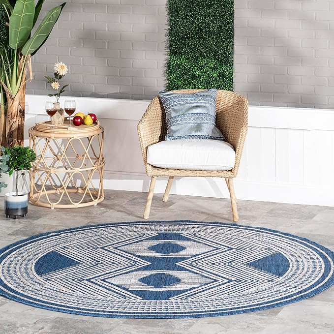 nuLOOM 6'7" Round Outdoor Tribal Geometric Area Rug, Stain Resistant, Weather Resistant, High Traffic, Patio, Balcony, Outside, Ranya Blue