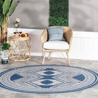 nuLOOM 6'7" Round Outdoor Tribal Geometric Area Rug, Stain Resistant, Weather Resistant, High Traffic, Patio, Balcony, Outside, Ranya Blue