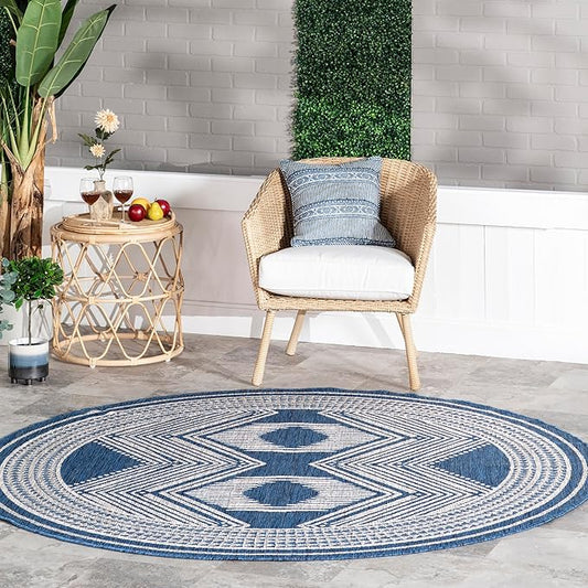 nuLOOM 6'7" Round Outdoor Tribal Geometric Area Rug, Stain Resistant, Weather Resistant, High Traffic, Patio, Balcony, Outside, Ranya Blue
