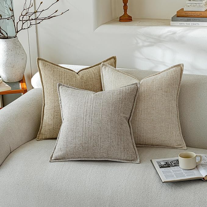 a moment Linen Pillow Covers Set of 2,Boho Farmhouse Throw Pillowcases Neutral Textured Decorative Covers for Couch Sofa Bed, Soft Linen Blend Accent Case Cushion Living Room Home Decor 20"x20"Khaki