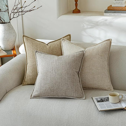 a moment Linen Pillow Covers Set of 2,Boho Farmhouse Throw Pillowcases Neutral Textured Decorative Covers for Couch Sofa Bed, Soft Linen Blend Accent Case Cushion Home Decor 20"x20" Beige Grey