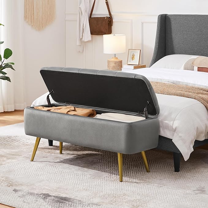 Yaheetech Ottoman with Storage 2pcs, Velvet Entryway Bench with Safety Hinge, Upholstered Bench with Seating for Bedroom, Living Room, Holds up to 519 lb, Gray