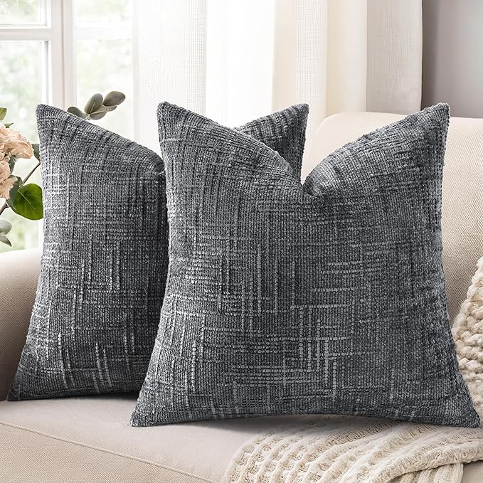 decorUhome Dark Grey Chenille Throw Pillow Covers 26x26 Set of 2 Thick Textured Slubby Couch Pillow Covers Farmhouse Accent Modern Neutral Decorative Pillow Cases for Bed Sofa Living Room