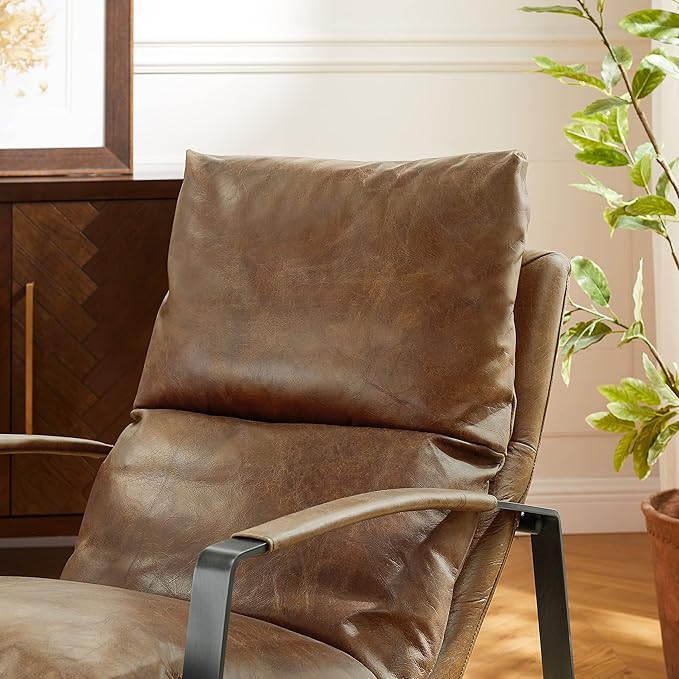 Art Leon Genuine Leather Accent Chair, Mid Century Modern Living Room Chair Lounge Chair with Black Metal Frame, Brown