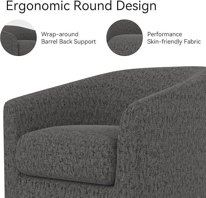 Swivel Accent Chair, Upholstered Modern Barrel-Curved Arm Chair, Velvet Fabric Comfty Sofa Reading Chair with Solid Wood Base for Living Room, Bedroom, Club, Pebble Grey