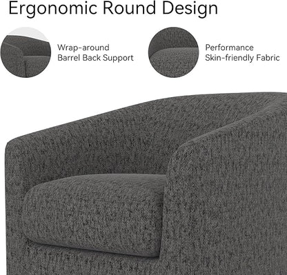 Swivel Accent Chair, Upholstered Modern Barrel-Curved Arm Chair, Velvet Fabric Comfty Sofa Reading Chair with Solid Wood Base for Living Room, Bedroom, Club, Pebble Grey
