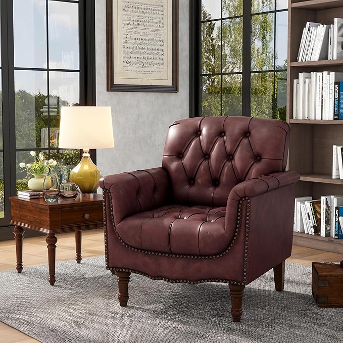 Lumibee Faux Leather Armchair, Contemporary Accent Chair with Nailhead Trims & Wood Legs for Living Room, Upholstered Comfy Arm Chair for Office,Bedroom-Dark Red