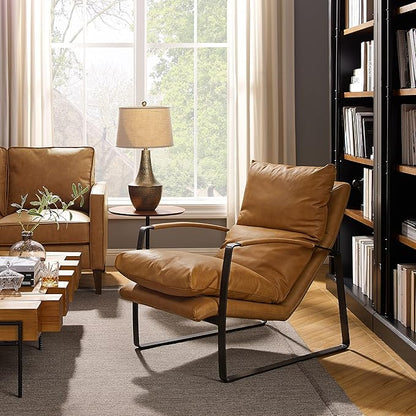 Art Leon Genuine Leather Accent Chair, Mid Century Modern Living Room Chair Lounge Chair with Black Metal Frame, Light Brown
