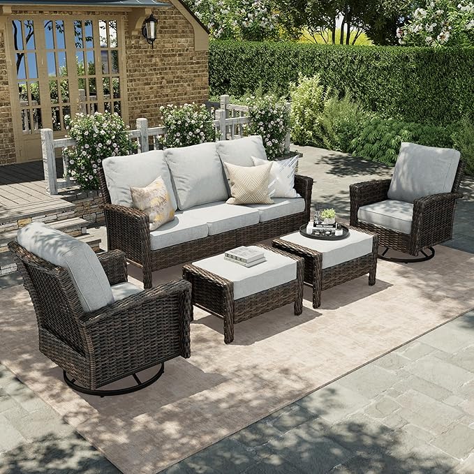HERA'S HOUSE Patio Furniture Set with Swivel Chairs, High Back Wicker Couch with Ottomans, Outdoor Conversation Sofa Sets with 5.5" Waterproof Cushions for Garden Yard Porch, Grey