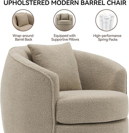 Swivel Accent Chair, Modern Upholstered Boucle Barrel Arm Chairs with Pillow for Living Room, 360 Degree Round Swivel Sherpa Armchair with Round Base for Bedroom Club (1, Light Brown)