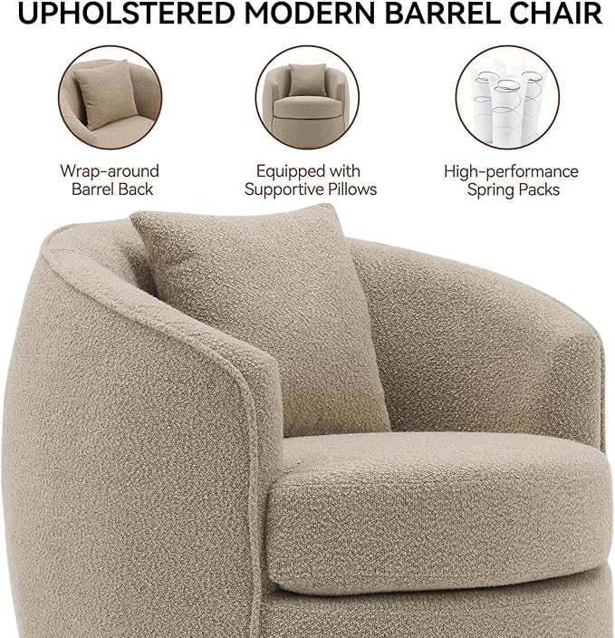 Swivel Accent Chair Set, Modern Upholstered Boucle Barrel Arm Chairs with Pillow for Living Room, 360 Degree Round Swivel Sherpa Armchair with Round Base for Bedroom Club (2, Light Brown)