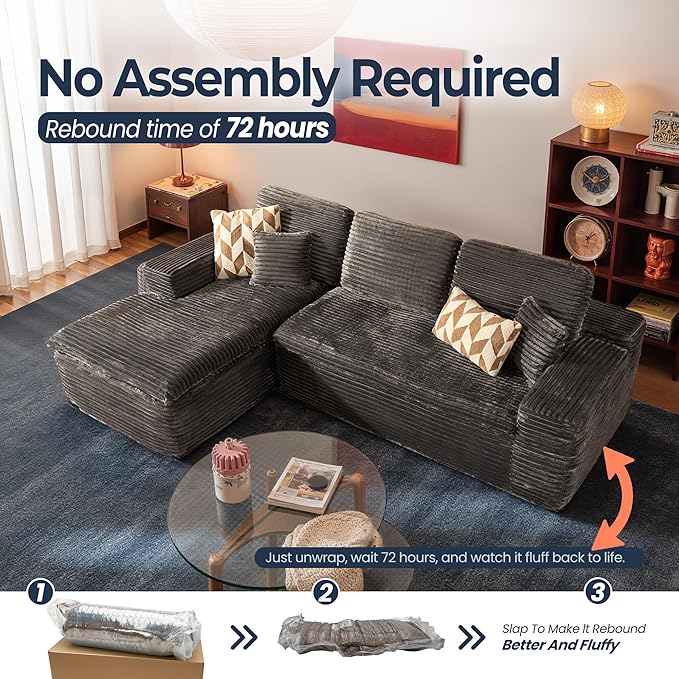 106" Oversized Couch Sofa, L Shape Couches for Living Room, No Assembly Required Plush Velvet Sectional Sofas with Left Facing Chaise for Home Apartment