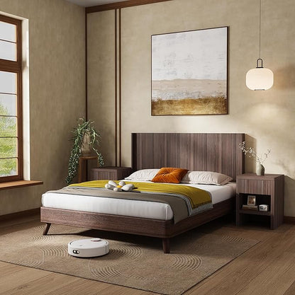 KEIKI Wooden Queen Size Headboard Only, 64.5" Wide Farmhouse Headboards with Wall Mounted Fluted Panel & Wingback for Bedroom, Walnut Brown