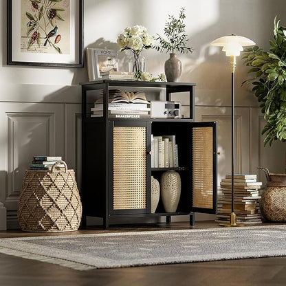 Bamboo Floor Rattan Cabinet, Bathroom Storage Organizer Rack with 2 Doors and 1 Shelf, Space Saving Wood Kitchen Cupboard, Hallway Side Table, Living Room Freestanding Stand (Black)
