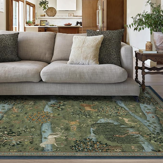 RUGGABLE x Morris & Co Washable Area Rug – Owl & Willow Green 5x7, Stain-Resistant, Non-Slip – Medium Machine Washable Rugs for Living Room, Bedroom, Hallway, Entryway & Office–with Standard Pad
