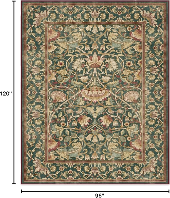 RUGGABLE x Morris & Co Machine Washable Area Rug – Lodden Soft Evergreen & Gold 8x10, Stain-Resistant, Non-Slip – Large Rugs for Living Room, Bedroom, Hallway, Entryway & Office–with Standard Pad
