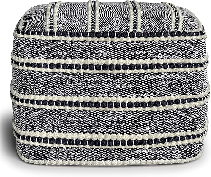 SIMPLIHOME Corrie Boho Square Woven Outdoor/ Indoor Pouf in Navy and White Recycled PET Polyester for the Living Room, Bedroom and Kids Room