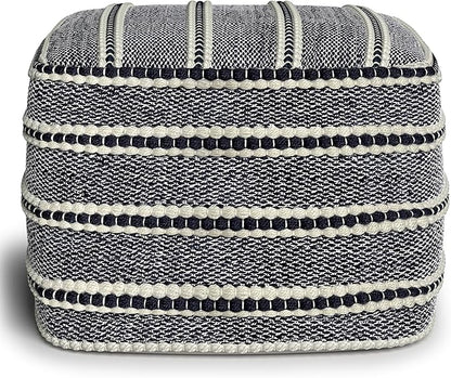 SIMPLIHOME Corrie Boho Square Woven Outdoor/ Indoor Pouf in Navy and White Recycled PET Polyester for the Living Room, Bedroom and Kids Room