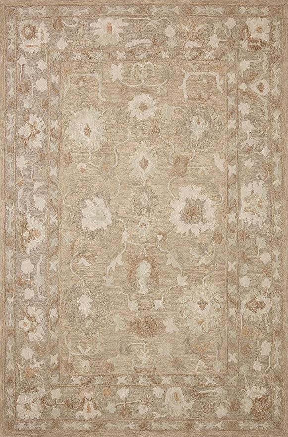 Loloi Chris Loves Julia Dorothea Collection DRT-02 Khaki/Dove 2'-6" x 7'-6" Runner Rug Wool Neutral Floral Living Room Bedroom Carpet