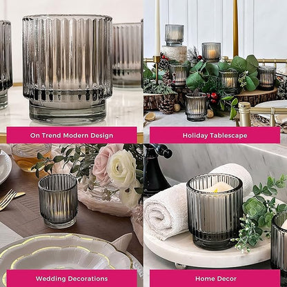 Kate Aspen Ribbed Glass Candle Holder Set - 6 Smoke Gray Tealight Holders for Home, Kitchen, Room or Living Room Decor - Vintage Tea Light Votive Accent for Table or Shelf Styling (Pack of 6)