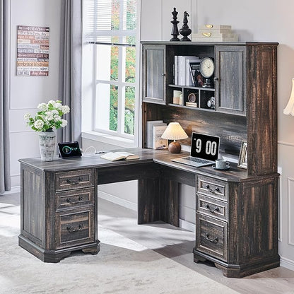T4TREAM L Shaped Desk with Hutch,59" Farmhouse Wood Home Office Executive Desk,Charging Station,File Drawer, Storage Cabinet,Computer Desk for Work and Study (Dark Rustic Oak)