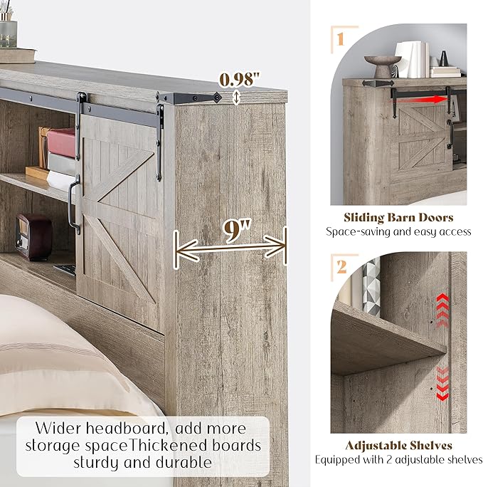 AMERLIFE Farmhouse Queen Bed Frame with Storage Headboard & Charging Station, Rustic Wood Platform Bed with Barn Door Bookcase, No Box Spring Needed, Light Grey Bedroom Furniture