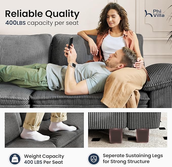 PHI VILLA Cloud Modular Couch Sets, 157.5" Large Sectional Sofa with U-Shaped Chaise, 6-Seater Couches with Movable Ottomans for Living Room, Corduroy Fabric, Grey