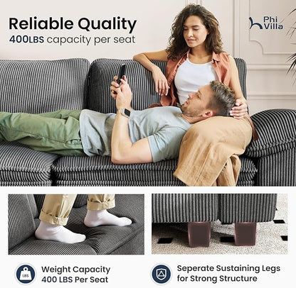 PHI VILLA Cloud Modular Couch Sets, 157.5" Large Sectional Sofa with U-Shaped Chaise, 6-Seater Couches with Movable Ottomans for Living Room, Corduroy Fabric, Grey