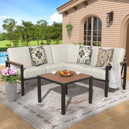 NATURAL EXPRESSIONS 6 Pieces Patio Furniture Set,Outdoor Couch Sofa with Thick Olefin Cushions,Fauxwood Armrest and Tabletop,Ergonomic Highback Frame,Outdoor Sectional Furniture for Backyard,Deck
