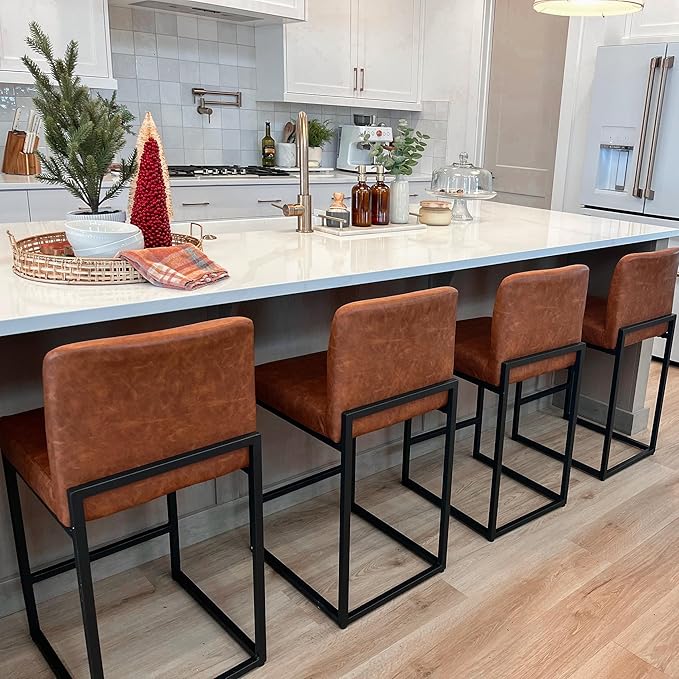 ALPHA HOME 24 Inch Bar Stools, Kitchen Counter Stools with Backs, PU Leather Barstools, Kitchen Stools with Back&Upholstered Footrest, Sturdy Chromed Metal Steel Frame, Brown