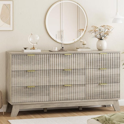 Fluted Dresser for Bedroom with 9 Drawers, 57" Wide Modern Chest of Drawers with Metal Handle, Wooden Dresser TV Stand, Wood Closet Clothes Storage Organizer for Living Room, Hallway, Grey