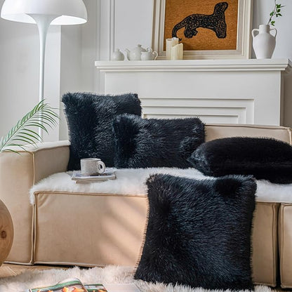 Neelvin Black Faux Fur Cozy Fluffy Double-Sided Decorative Throw Pillow Covers 20x20 inch Set of 2,Velvet Pillowcase Cushion Case for Sofa Couch