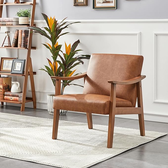 Yaheetech PU Leather Accent Chair, Mid-Century Modern Armchair with Solid Wood Legs, Reading Leisure Chair for Living Room Bedroom Waiting Room, Light Brown, Set of 2