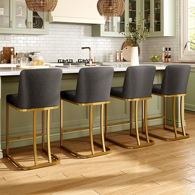 MAISON ARTS Counter Height Bar Stools with Back Set of 6 for Kitchen Counter, 24 Inch Modern Upholstered Faux Leather Barstools Farmhouse Bar Chairs Luxury Island Stools Support 330LBS, Grey & Gold