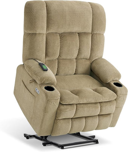 MCombo Oversized Power Lift Recliner Chair for Elderly, Dual Motor Lift Chair with Heat and Massage, Lay Flat Lift Chair for Big and Tall, Cup Holders, Fabric R7891 (Oversize, Beige)