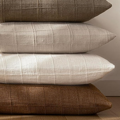 Foindtower Set of 2 Decorative Linen Check Throw Pillow Covers Neutral Farmhouse Vintage Cushion Covers Modern Boho Home Decor for Sofa Chair Couch Bedroom Living Room,20×20 Inch,Natural Linen