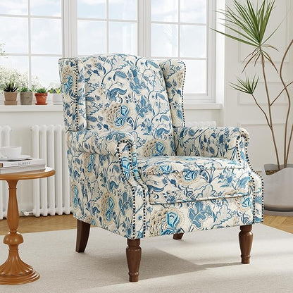 Accent Chair, Upholstered High Back Floral Armchair with Nailhead Trim & Wood Legs, Comfy Wingback Reading Single Sofa Chair for Small Spaces, Living Room, Bedroom-Boho Blue Floral, Set of 1