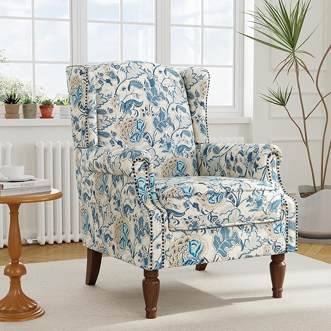 Accent Chair, Upholstered High Back Floral Armchair with Nailhead Trim & Wood Legs, Comfy Wingback Reading Single Sofa Chair for Small Spaces, Living Room, Bedroom ( Boho Blue Floral, Set of 2)
