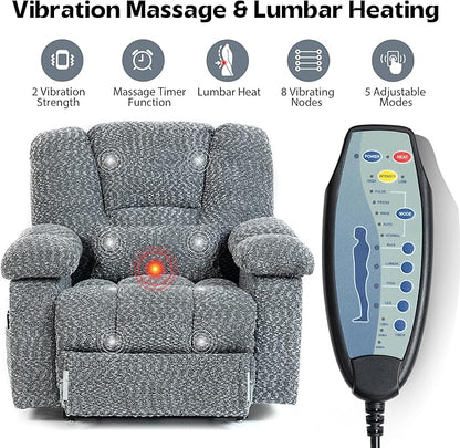 Big Man Recliner 500lbs Power Lift Recliner Chair for Big Tall Elderly Adults Oversized Lay Flat Lift Recliner with Extended Footrest,Heat Massage,Flip Arm Storage Cup Holders,USB Type C