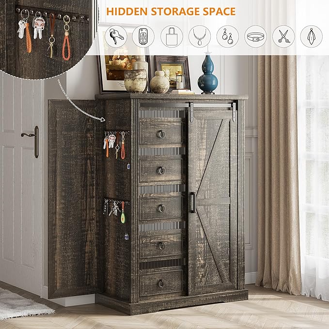 5 Drawers Dresser for Bedroom w/Sliding Barn Door, Farmhouse Wood Dresser with LED Lights, Chest of Drawers Tall Dressers for Bedroom, Living Room, Hallway, Kids Room, Brown