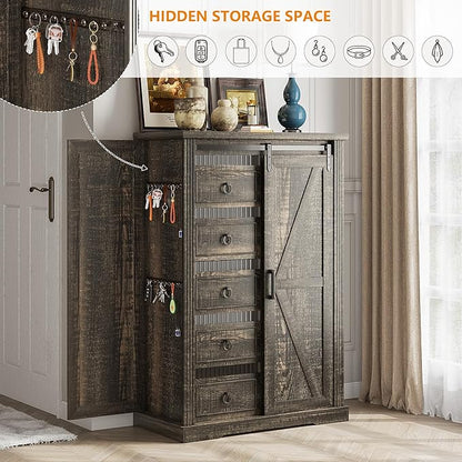 5 Drawers Dresser for Bedroom w/Sliding Barn Door, Farmhouse Wood Dresser with LED Lights, Chest of Drawers Tall Dressers for Bedroom, Living Room, Hallway, Kids Room, Brown