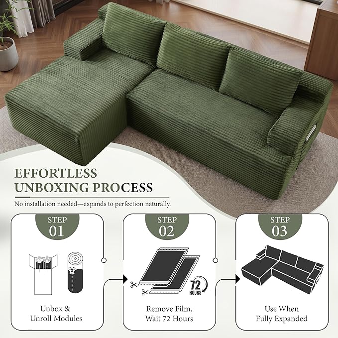 96''Sectional Couches for Living Room,Modern Modular Sectional Sofa,Upholstered Boneless Couch with Pockets,Comfy Cloud Couch with L Shaped Chaise(Green, 96''W Left Facing Chaise)