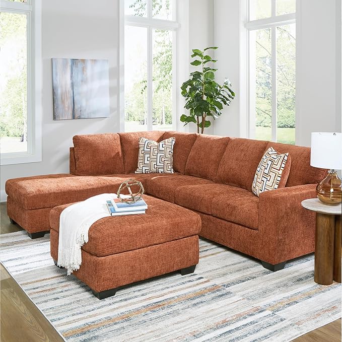 Signature Design by Ashley Aviemore Casual L-Shaped 2-Piece Sectional with Chaise and Loose Seat Cushions, Accent Pillows Included, 110" Wide, Burnt Orange