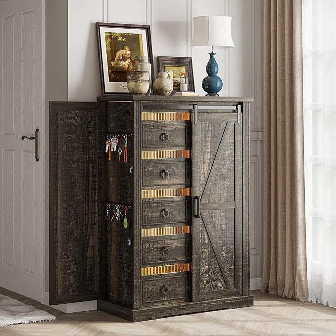 5 Drawers Dresser for Bedroom w/Sliding Barn Door, Farmhouse Wood Dresser with LED Lights, Chest of Drawers Tall Dressers for Bedroom, Living Room, Hallway, Kids Room, Brown