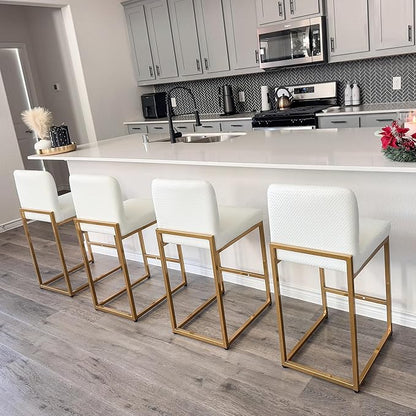 ALPHA HOME 24 Inch Bar Stools Set of 6, Kitchen Counter Stools with Backs, PU Leather Barstools, White Bar Stools with Upholstered Footrest, Sturdy Chromed Metal Steel Frame, Off-White