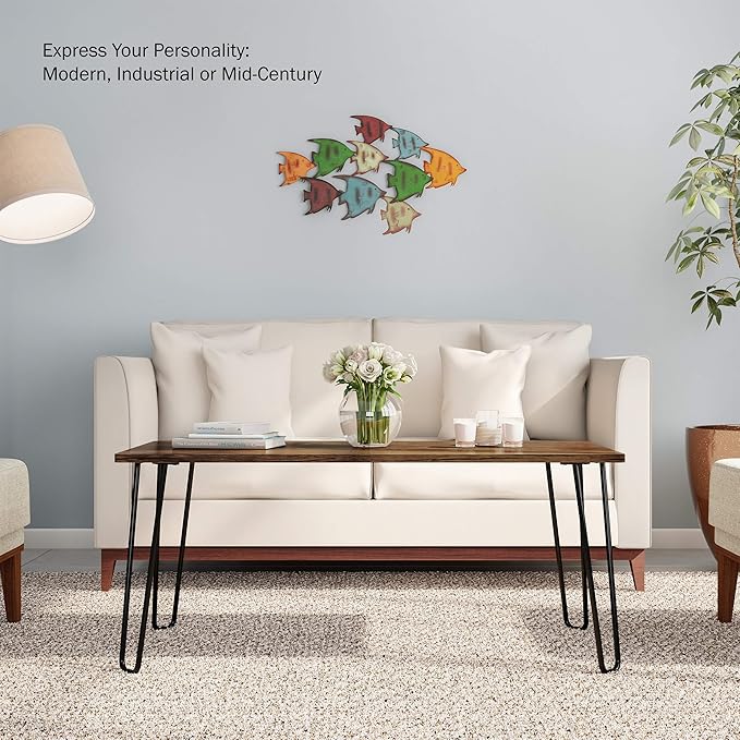 Lavish Home Coffee Table with Hairpin Legs - Modern Industrial Style Home Decor - Woodgrain-Look and Steel Accent Living Room Furniture (Brown)
